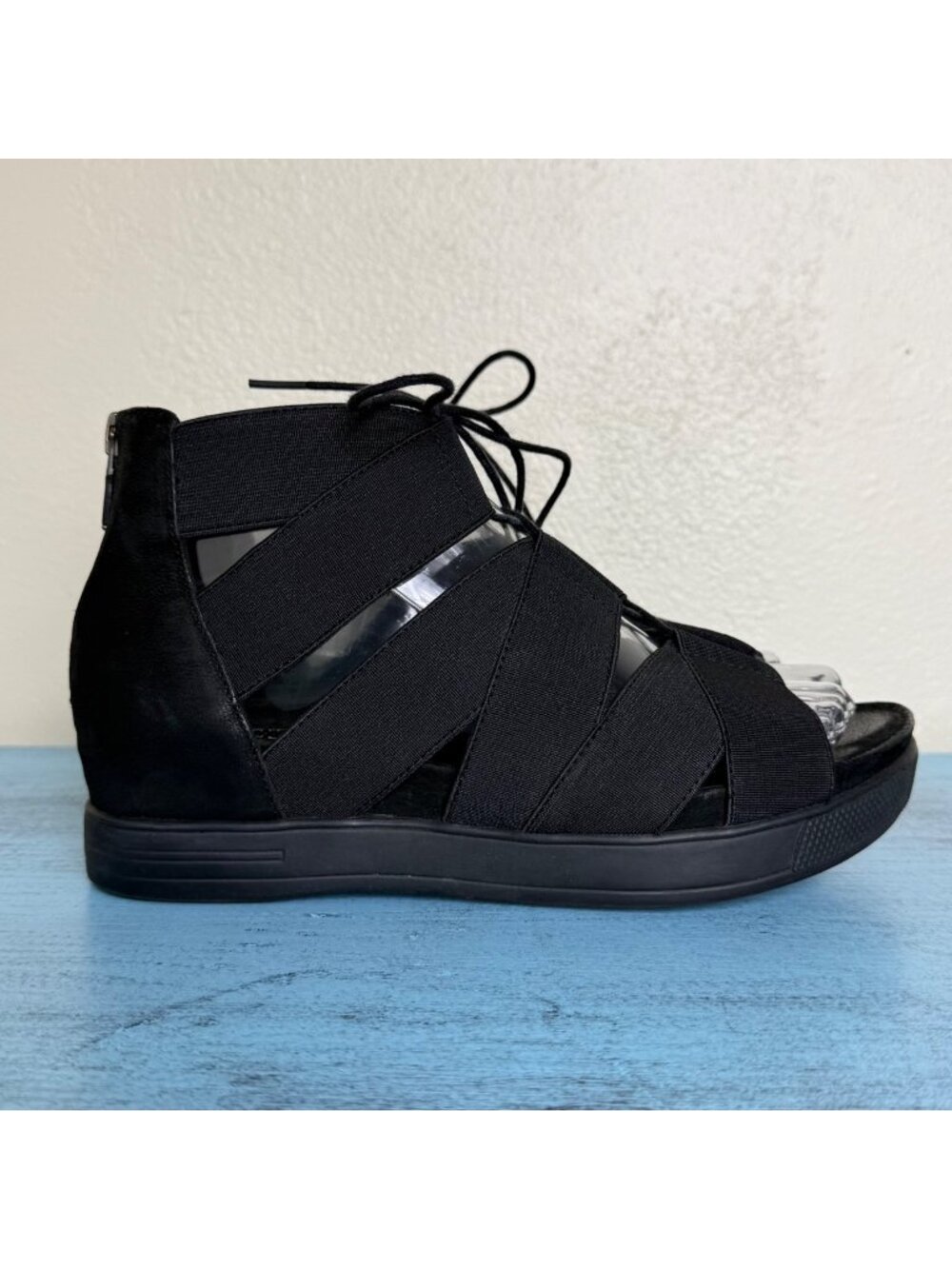 Eileen Fisher Link Laceup Black Nubuck Elastic Strappy Sandals Sz 6